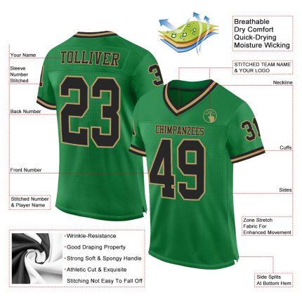 Custom Name and Number Personalized Grass Green Black-Old Gold Football Jersey - Authentic Throwback Mesh Team Jersey Personalized