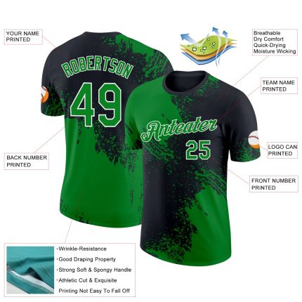 Custom Name Number 3D Brush Stroke T-Shirt in Grass Green Black White Pattern - Performance Athletic Tee Personalized Grass