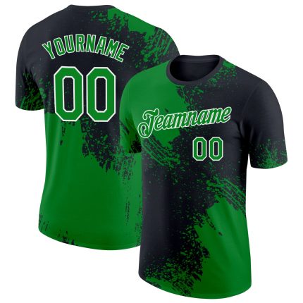 Custom Name Number 3D Brush Stroke T-Shirt in Grass Green Black White Pattern - Performance Athletic Tee Personalized Grass
