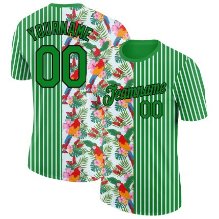Custom Name Number Performance T-Shirt Tropical Hawaii Leaves Parrot 3D Design Grass Green Black White Personalized Grass