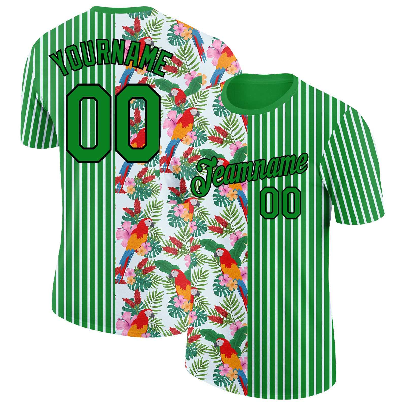 Custom Name Number Performance T-Shirt Tropical Hawaii Leaves Parrot 3D Design Grass Green Black White Personalized Grass