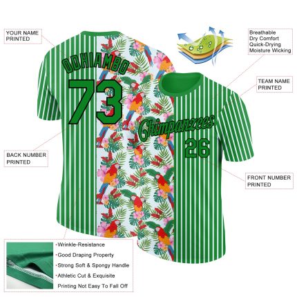 Custom Name Number Performance T-Shirt Tropical Hawaii Leaves Parrot 3D Design Grass Green Black White Personalized Grass