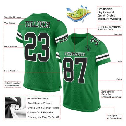Custom Name Number Football Jersey - Authentic Black-White Mesh, Personalized Grass Green Team Apparel Personalized Grass