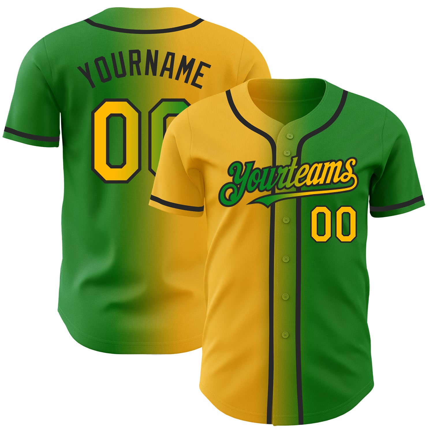 Custom Team Name and Number Baseball Jersey - Personalized Grass Green Gold-Black Authentic Gradient Design Personalized