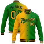 Custom Name & Number Green & Gold Gradient Bomber Varsity Jacket - Personalized Full-Snap Letterman Fashion Jacket Personalized