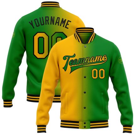 Custom Name & Number Green & Gold Gradient Bomber Varsity Jacket - Personalized Full-Snap Letterman Fashion Jacket Personalized