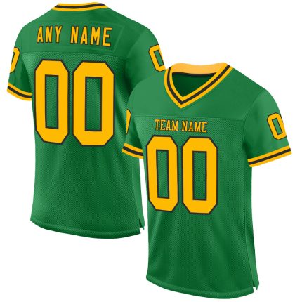 Customizable Grass Green Gold Black Mesh Throwback Football Jersey with Personalized Name and Number Personalized Grass Green