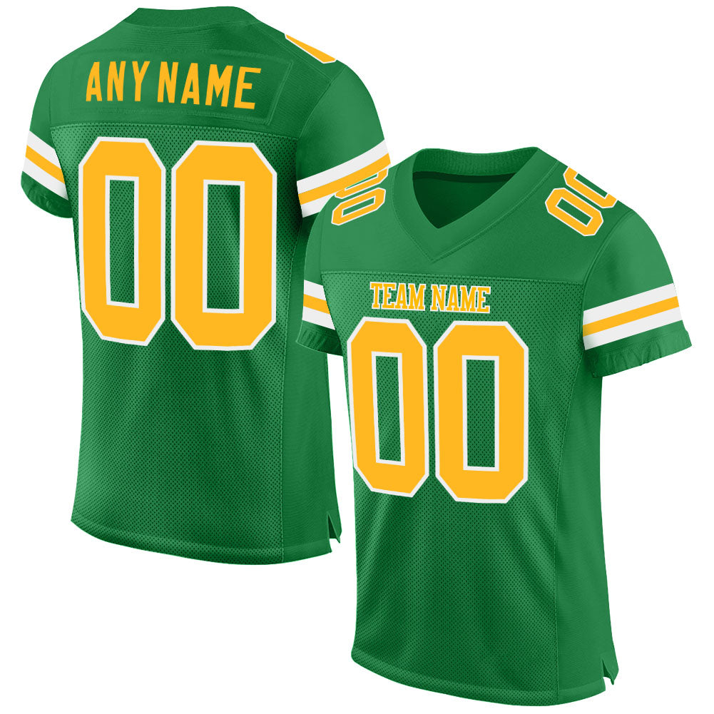 Custom Name and Number Personalized Football Jersey in Grass Green Gold-White Mesh Authentic Design Personalized Grass Green