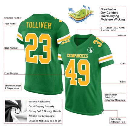 Custom Name and Number Personalized Football Jersey in Grass Green Gold-White Mesh Authentic Design Personalized Grass Green