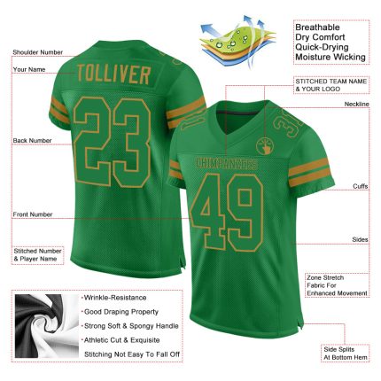 Personalized Custom Name and Number Authentic Football Jersey in Grass Green and Old Gold Mesh Personalized Grass Green Grass