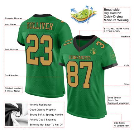 Personalized Grass Green Black Gold Mesh Football Jersey - Authentic Athletic Apparel Personalized Grass Green Old Gold-Black