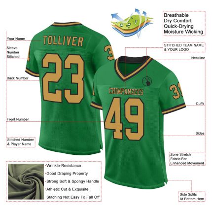 Custom Team Football Jersey with Personalized Name and Number - Grass Green Old Gold-Black Mesh Authentic Throwback Personalized