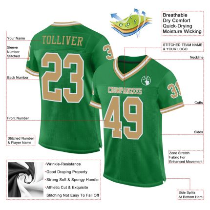Custom Personalized Football Jersey - Grass Green Old Gold & White Mesh Authentic Throwback - Team Name & Number Personalized