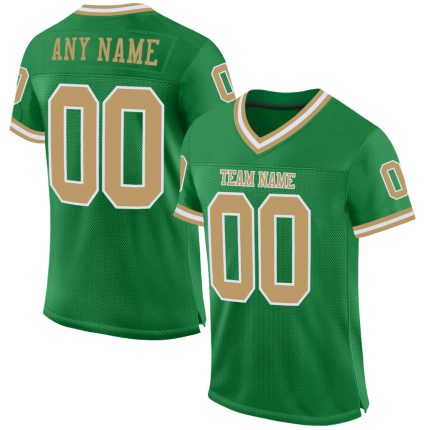 Custom Personalized Football Jersey - Grass Green Old Gold & White Mesh Authentic Throwback - Team Name & Number Personalized