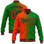 Custom Name and Number Bomber Jacket for Team - Grass Green Orange-Black Gradient Full-Snap Varsity Fashion Outerwear Personalized