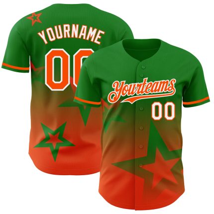 Custom Gradient Twinkle Star Baseball Jersey - Personalized Grass Green Orange-White 3D Design with Custom Name & Number