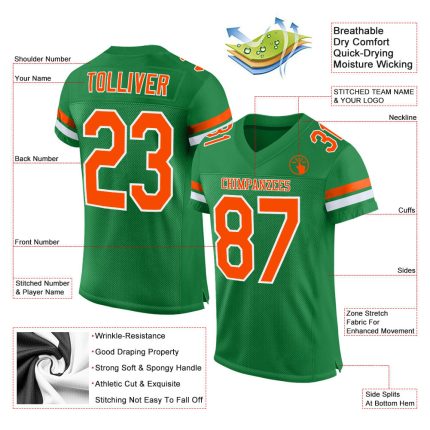 Custom Name Number Authentic Football Jersey - Personalized Grass Green Orange-White Mesh Team Jersey Personalized Grass