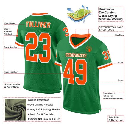 Custom Personalized Grass Green Football Jersey with Orange-White Mesh - Authentic Throwback Team Name and Number Personalized