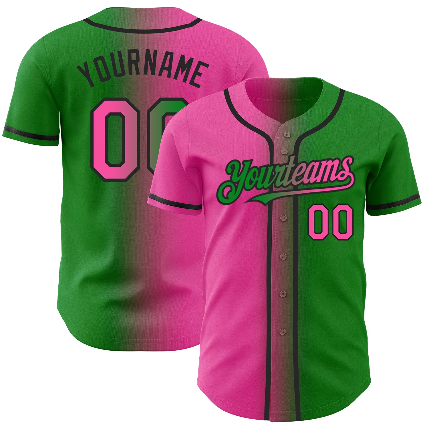 Custom Gradient Baseball Jersey - Personalized Grass Green Pink-Black Team Name & Number Personalized Grass Green Pink-Black