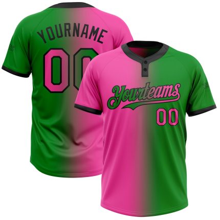 Custom Name and Number Unisex Softball Jersey - Personalized Grass Green Pink Black Gradient Fashion Two-Button Design Personalized