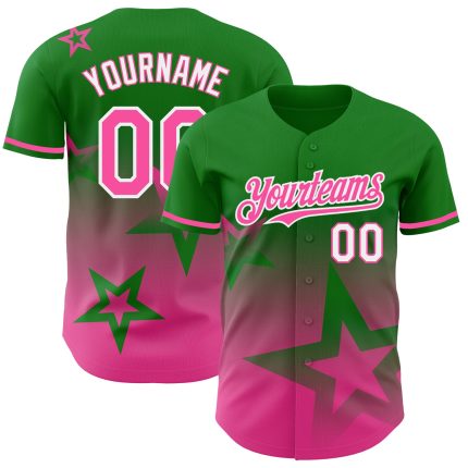 Custom Authentic Baseball Jersey - Personalized 3D Gradient Twinkle Star Design in Grass Green, Pink, and White with Team Name & Number