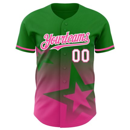 Custom Authentic Baseball Jersey - Personalized 3D Gradient Twinkle Star Design in Grass Green, Pink, and White with Team Name & Number