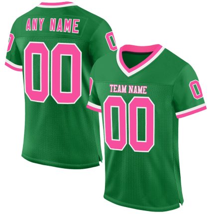 Custom Personalized Football Jersey with Name and Number in Grass Green Pink-White Mesh - Authentic Throwback Style Personalized