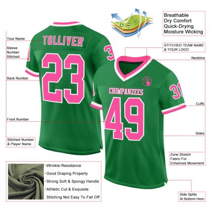 Custom Personalized Football Jersey with Name and Number in Grass Green Pink-White Mesh - Authentic Throwback Style Personalized