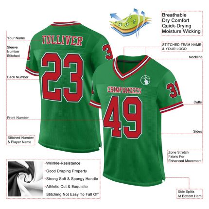 Custom Team Jersey with Personalized Name & Number, Authentic Grass Green & Red-Black Mesh Football Throwback Personalized