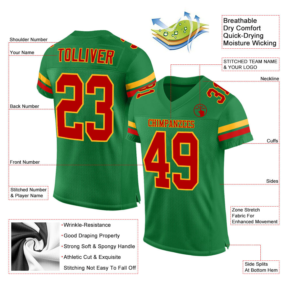 Personalized Grass Green Red-Gold Mesh Authentic Football Jersey Team Custom Name and Number Custom Name Number Authentic Football Jersey Grass Green Red Gold Mesh Personalized Grass Green Red-Gold Mesh Authentic Football - Image 2