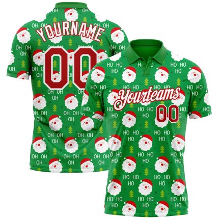 Custom Team Name and Number 3D Christmas Golf Polo Shirt in Grass Green Red-White Personalized Grass Green Red-White 3D Christmas