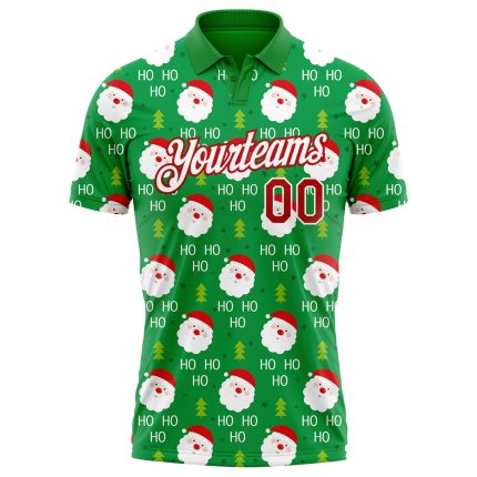 Custom Team Name and Number 3D Christmas Golf Polo Shirt in Grass Green Red-White Personalized Grass Green Red-White 3D Christmas