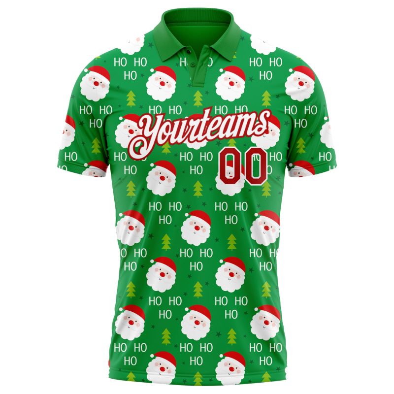 Custom Team Name and Number 3D Christmas Golf Polo Shirt in Grass Green Red-White Personalized Grass Green Red-White 3D Christmas