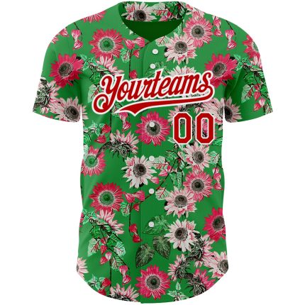 Custom Authentic Baseball Jersey with 3D Northeast China Big Flower Design, Personalized Name & Number - Grass Green Red-White Colors