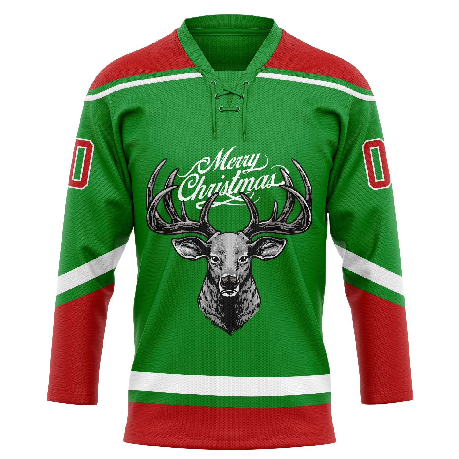Personalized Grass Green Red-White Christmas Reindeer 3D Hockey Lace Neck Jersey Team Custom Name and Number Custom Personalized Christmas Reindeer Lace Neck Jersey in Grass Green Red-White - 3D Hockey Team with Name and Number Personalized - Image 2