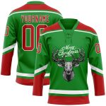 Custom Personalized Christmas Reindeer Lace Neck Jersey in Grass Green Red-White - 3D Hockey Team with Name and Number Personalized