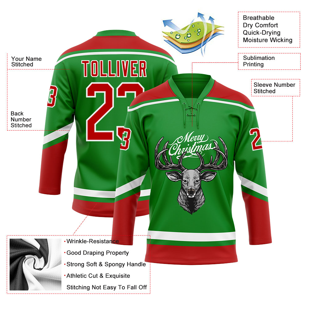 Personalized Grass Green Red-White Christmas Reindeer 3D Hockey Lace Neck Jersey Team Custom Name and Number Custom Personalized Christmas Reindeer Lace Neck Jersey in Grass Green Red-White - 3D Hockey Team with Name and Number Personalized - Image 3