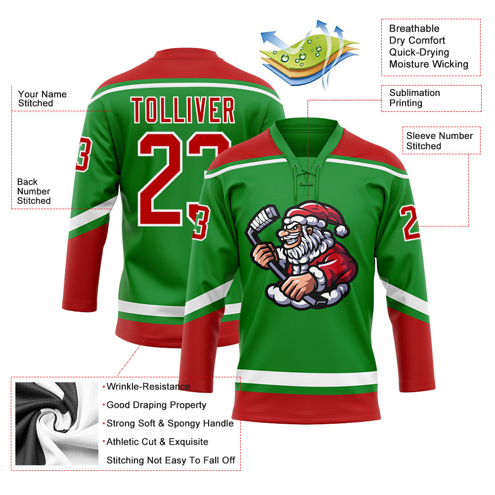 Personalized Grass Green Red-White Christmas Santa Claus 3D Hockey Lace Neck Jersey Personalized Christmas Santa Claus 3D Hockey Jersey in Grass Green Red-White Lace Neck Design Personalized Grass Green Red-White - Image 3