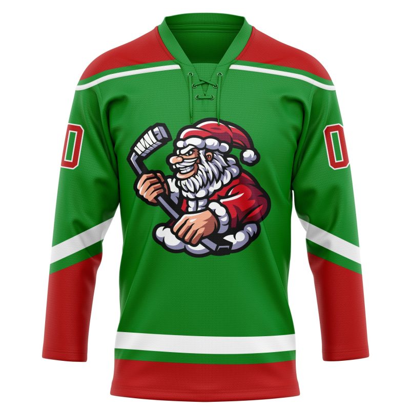Personalized Christmas Santa Claus 3D Hockey Jersey in Grass Green Red-White Lace Neck Design Personalized Grass Green Red-White