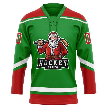 Personalized Christmas Santa Claus Hockey Jersey Custom Name Number 3D Grass Green Red White Team Lace Neck Personalized
