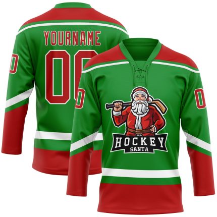 Personalized Christmas Santa Claus Hockey Jersey Custom Name Number 3D Grass Green Red White Team Lace Neck Personalized