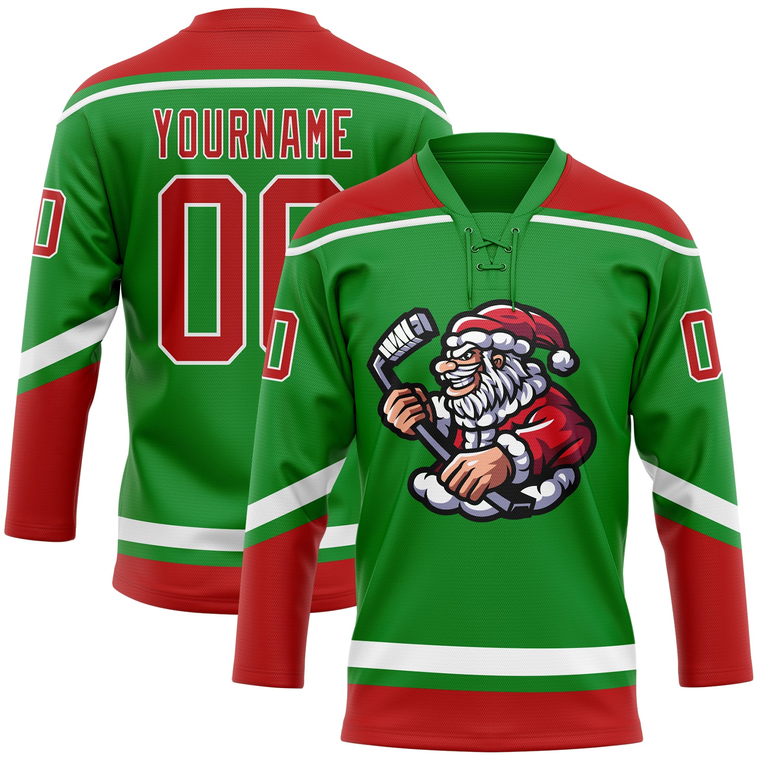 Personalized Christmas Santa Claus 3D Hockey Jersey in Grass Green Red-White Lace Neck Design Personalized Grass Green Red-White