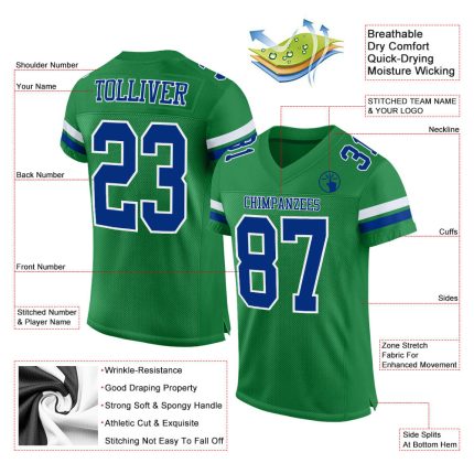 Custom Name and Number Personalized Football Jersey - Grass Green Royal-White Mesh Authentic Team Apparel Personalized Grass