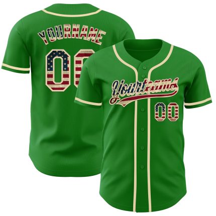 Personalized Vintage USA Flag Baseball Jersey - Custom Name & Number in Grass Green and Cream Personalized Grass Green Vintage