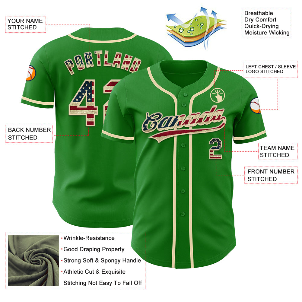 Personalized Grass Green Vintage USA Flag-Cream Authentic Baseball Jersey Team Custom Name and Number Personalized Vintage USA Flag Baseball Jersey - Custom Name & Number in Grass Green and Cream Personalized Grass Green Vintage - Image 3