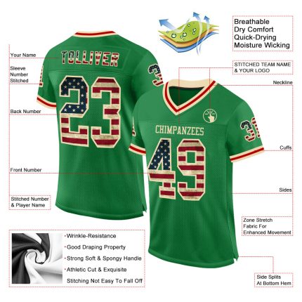 Custom Vintage USA Flag Football Jersey Personalized with Name and Number, Grass Green Cream-Red Mesh Design Personalized