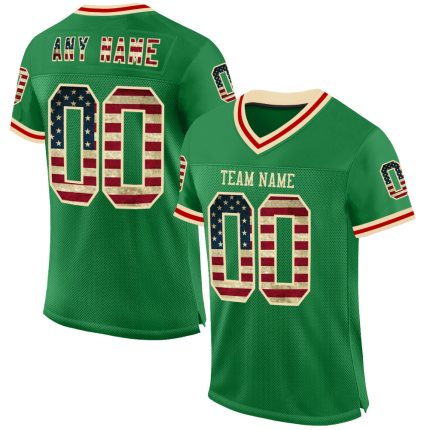 Custom Vintage USA Flag Football Jersey Personalized with Name and Number, Grass Green Cream-Red Mesh Design Personalized