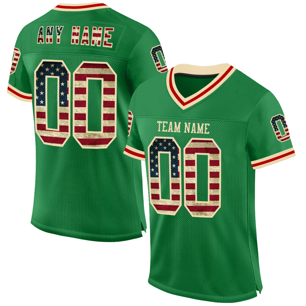 Custom Vintage USA Flag Football Jersey Personalized with Name and Number, Grass Green Cream-Red Mesh Design Personalized