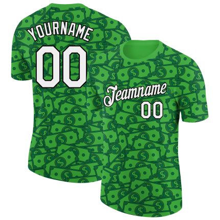 Personalized Dollar Sign Money Theme 3D Pattern T-Shirt with Custom Name and Number - Grass Green White-Black Design Personalized