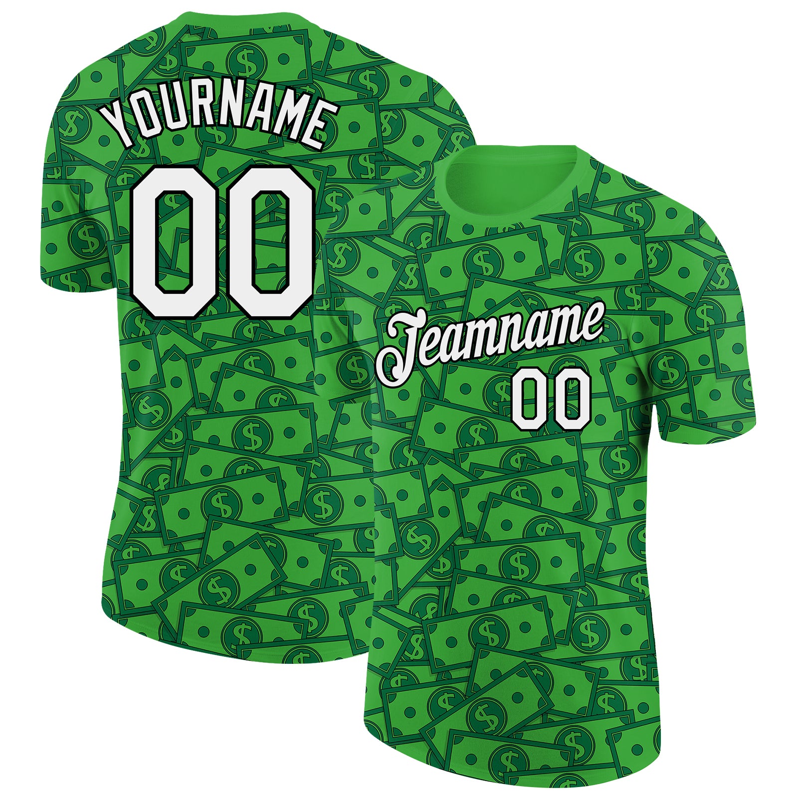 Personalized Dollar Sign Money Theme 3D Pattern T-Shirt with Custom Name and Number - Grass Green White-Black Design Personalized